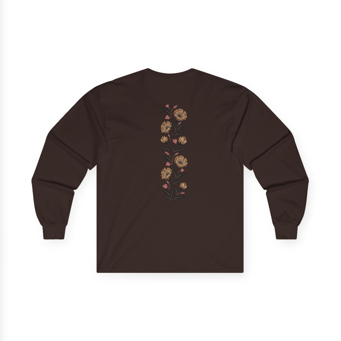Long Sleeve Tee — 'Forelsket' Minimal Logo with Vertical Brown Floral Back