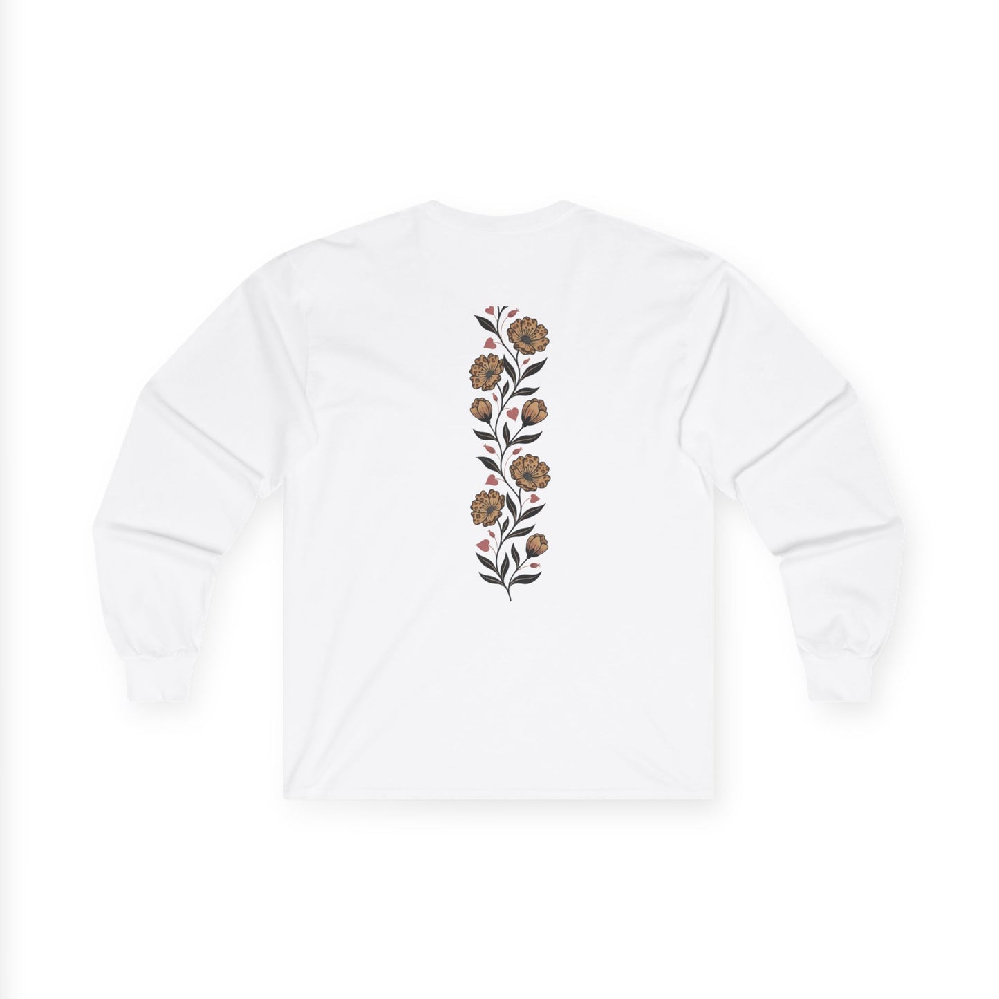 Long Sleeve Tee — 'Forelsket' Minimal Logo with Vertical Brown Floral Back